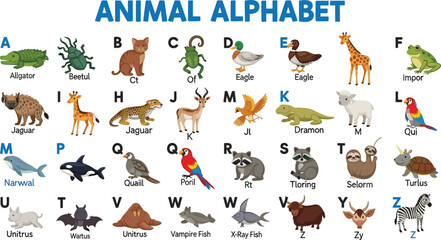 Animal Alphabet Illustration Set Featuring Various Animals from A to Z for Educational, Learning, and Kids Concepts © Roni