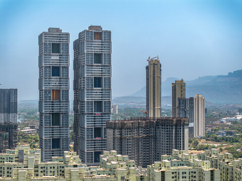 Modern City high-rise skyscraper buildings. Aerial drone view of the Financial District in Mumbai. Daytime Mumbai City, India