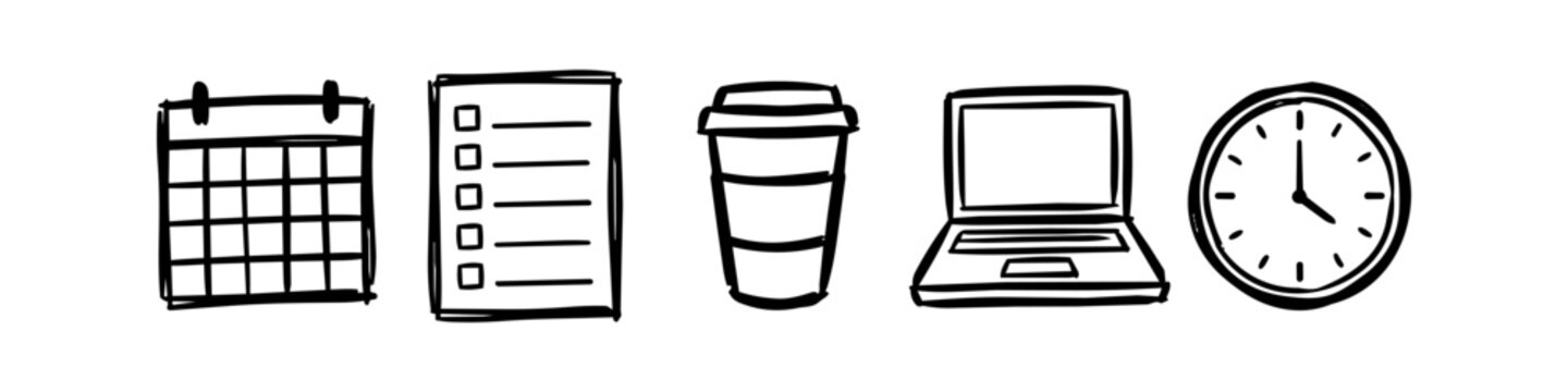 Hand-drawn business and productivity doodle icon set featuring a calendar, checklist, coffee cup, laptop, and clock. Ideal for office work, planning, and time management concepts.