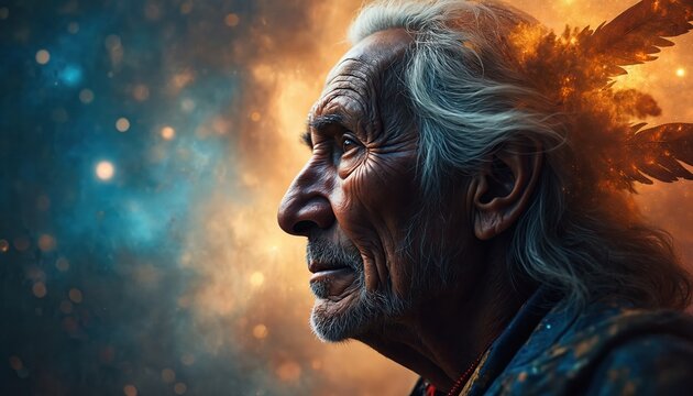 Native American elder with wise face gazes into starry nebula sky. Feathers and cosmic energy emerge from his head. Represents wisdom culture and universe connection. Looks thoughtful.