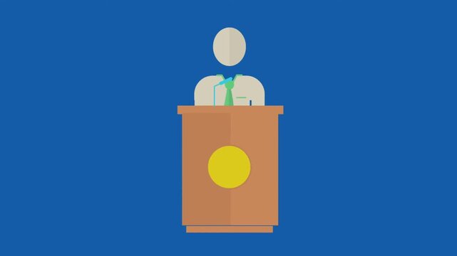 Animated flat icon of a male public speaker at a wooden podium on blue backdrop