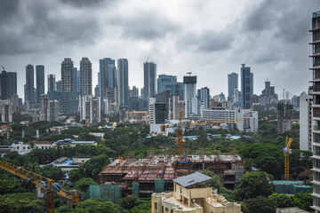 Naklejka premium Modern City high-rise skyscraper buildings. Aerial drone view of the Financial District in Mumbai. Daytime Mumbai City, India