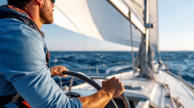 Sailing on Open Water With a Clear Sky and Focused Helmsman Guiding the Boat