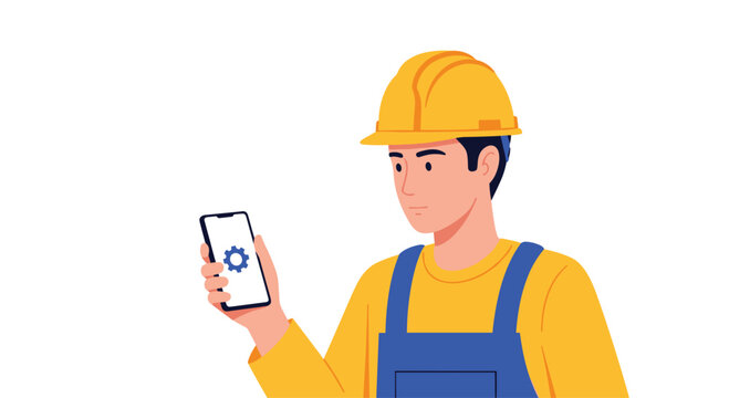 A professional male worker wearing a protective yellow hard hat and blue overalls holds a modern smartphone displaying a blue gear settings icon.