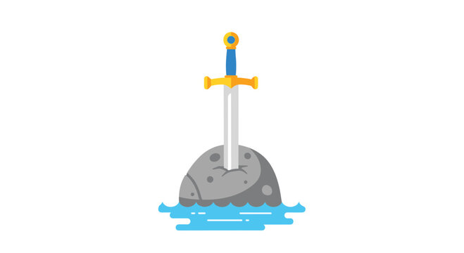 A pristine medieval sword with a bright blue grip stands firmly embedded inside a smooth grey stone surrounded by calm azure water on a white backdrop.