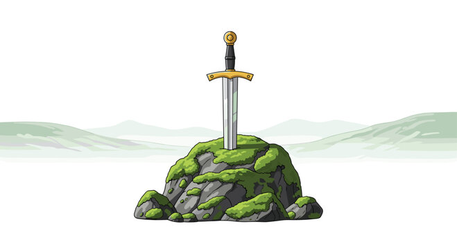 A majestic silver longsword remains stuck deep within a rugged mossy boulder situated amidst a soft hazy mountain range under a bright clear white sky.
