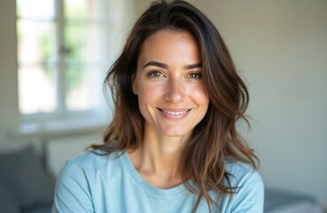 Fototapeta premium Brunette woman smiles warmly in light blue t-shirt. Natural look with freckles shows confidence and happiness. Positive indoor lifestyle portrait with soft window light and blurred background.