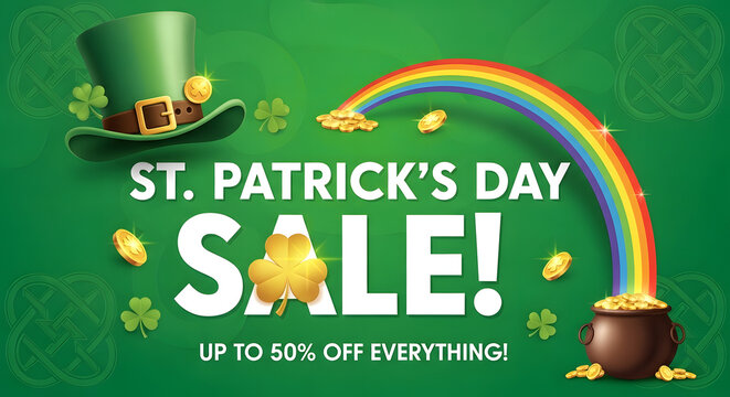 St patricks day sale with rainbow and pot of gold 