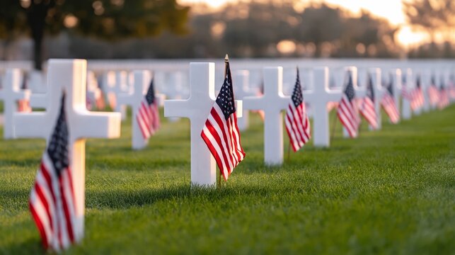Many White Crosses Are Placed at the Cemetery With Flags on a Sunny Day in the Evening Light