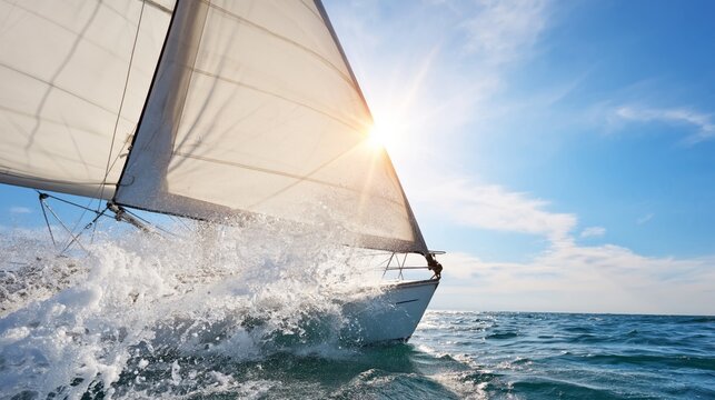 Sailing on Clear Waters With Sunlight Reflecting off the Waves Near the Horizon in the Afternoon