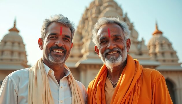 Two Indian men with tilak marks smile at camera. They wear traditional clothing near ornate temple structure. Elders represent cultural heritage and faith in India.