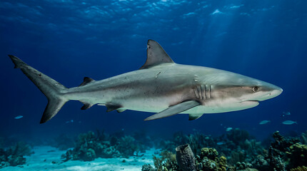 Fototapeta premium Large gray shark swimming underwater in ocean with coral reef and blue water