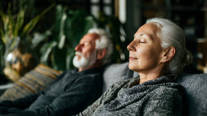 Fototapeta premium Peaceful senior Caucasian couple relaxing at home with closed eyes, practicing mindfulness and deep breathing to enjoy a serene, stress-free retirement lifestyle together indoors.