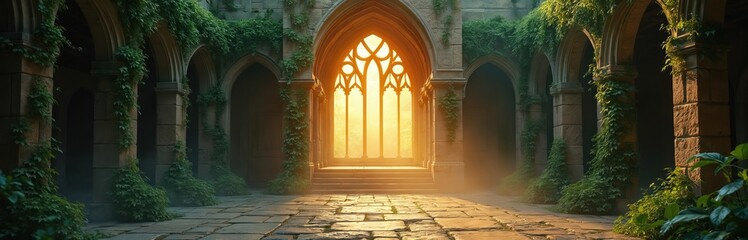 Fototapeta premium Ancient stone courtyard with gothic arches, overgrown ivy. Bright sun shines through ornate window creating warm atmosphere. Pathways paved with stones lead to shadowed archways. Peaceful, serene