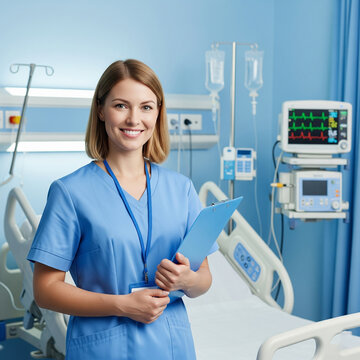 A smiling nurse in blue scrubs holds a clipboard in a hospital room with medical equipment and a bed.