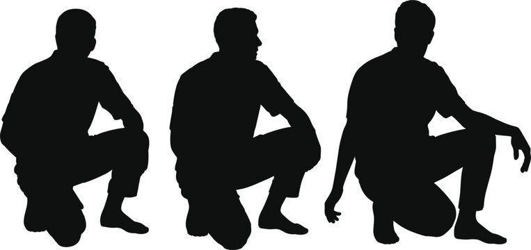 Man squatting silhouettes set, male figures crouching poses collection, human vector illustration design elements