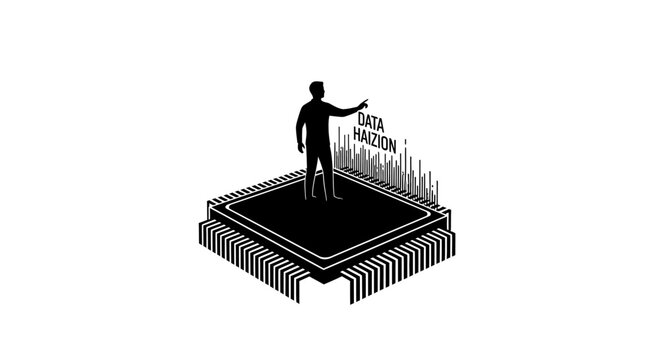 man standing on a microchip throwing a piece of paper.