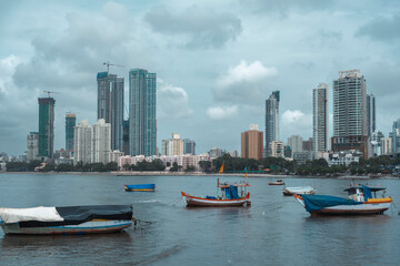 Naklejka premium Modern City high-rise skyscraper buildings. Aerial drone view of the Financial District in Mumbai. Daytime Mumbai City, India.