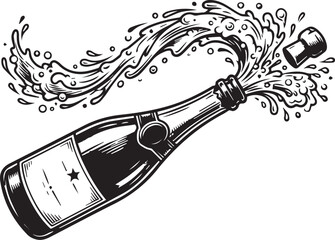 Obraz premium Black and white illustration of champagne bottle cork flying with liquid spraying star label symbolizing celebration festivity achievement and toast