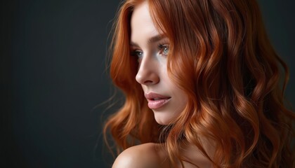 Naklejka premium Woman with long wavy auburn hair styled elegantly. Her portrait features a detailed profile view with rich, flowing locks against a dark background, highlighting natural texture and shine.
