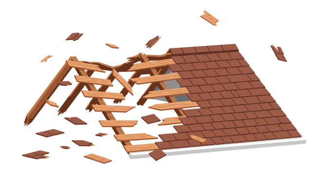 A collapsing residential roof with reddish brown tiles and splintered wooden rafters appears to be falling apart in midair against a stark white background.