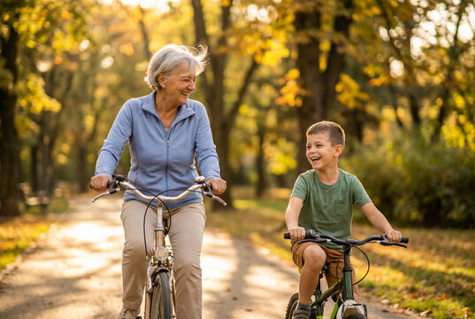 Smiling grandmother and grandson riding bicycles together in the autumn park