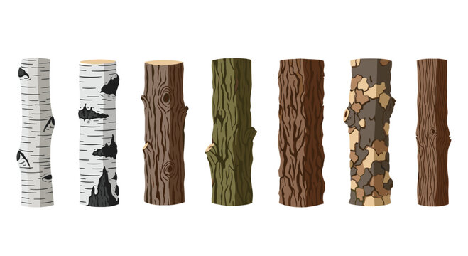 Seven distinct vertical tree trunk segments showcase a rich variety of bark textures and colors ranging from smooth birch to deeply furrowed oak surfaces.