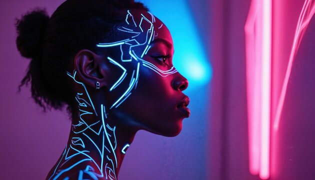 Black woman with glowing neon face art and body paint. Blue light lines on dark skin in vibrant purple and pink club ambiance. Future fashion, cyberpunk style.