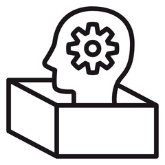Thinking outside the box vector icon illustration featuring a human head silhouette with a gear inside the brain emerging from an open box, representing creativity, innovation, and logic. © Haris