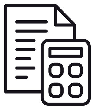 Black vector icon of a document and calculator, representing accounting, financial planning, tax calculation, bookkeeping, invoice processing, and business management illustration.