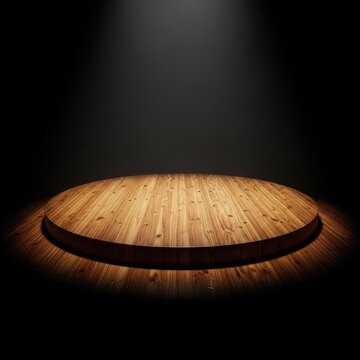 Circular wooden platform rests on a dark stage illuminated by focused spotlights