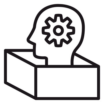 Thinking outside the box vector icon illustration featuring a human head silhouette with a gear inside the brain emerging from an open box, representing creativity, innovation, and logic.