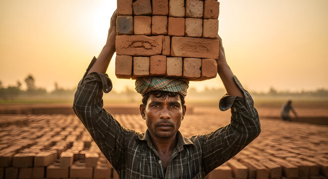 Man carrying stack of bricks on head in brick factory at sunset.