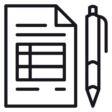 Black vector icon illustration of a document with a table and a ballpoint pen. This minimalist graphic symbol represents a form, contract, application, or registration process for business.