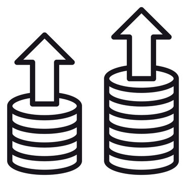 Black line art vector icon of coin stacks with upward arrows, symbolizing financial growth, profit increase, investment success, economic progress, and rising revenue illustration.