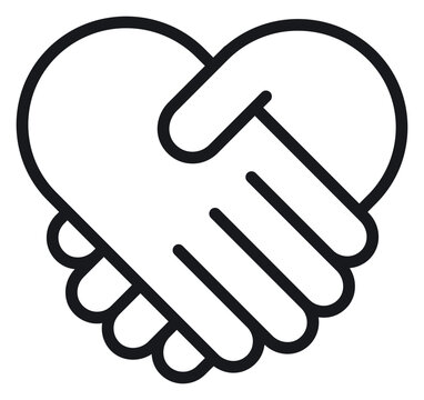 Minimalist black line art vector illustration of two hands shaking to form a heart shape, symbolizing partnership, love, trust, agreement, friendship, cooperation, and unity on white background.
