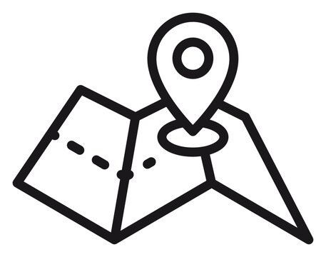 Black line art vector icon of a folded paper map with a location pin marker, representing navigation, travel destination, GPS tracking, and geographical positioning, scalable illustration.