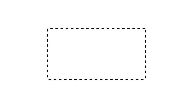 Dotted line rectangle frame animation on white background. Animation of a dotted line path from left to right point. border frame dotted line animation isolated on white screen. 4k video animation