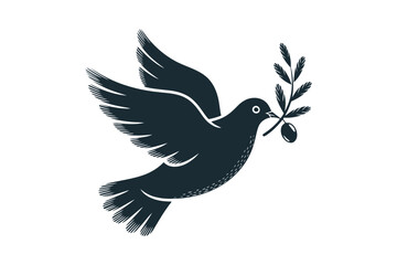 Fototapeta premium Black silhouette of a dove holding an olive branch in flight black dove peace bird