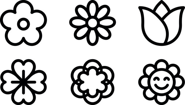 Simple bold outline flower icons set with smiley face and cloverleaf shapes
