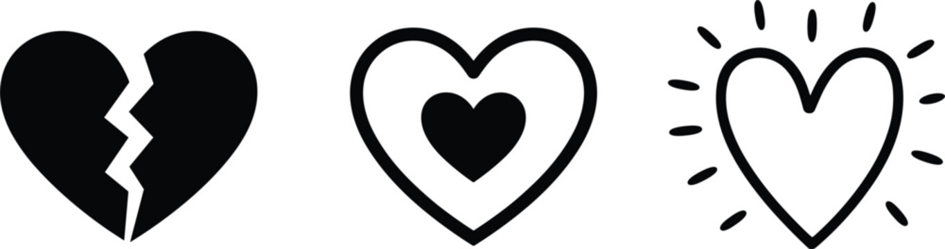 Heart icons set, broken and love symbols collection, romance vector illustration design elements