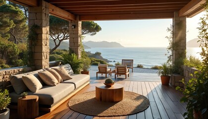 Obraz premium Covered outdoor deck with sofa and chairs overlooks ocean vista. Wooden table and rug create cozy seating area. Stone pillars frame peaceful coastal scenery with natural light.