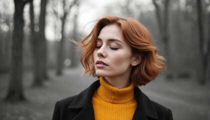 Naklejka premium Woman with auburn hair, closed eyes poses outdoors in yellow turtleneck, black coat. She appears serene, thoughtful against blurred natural background, exuding peacefulness, quiet contemplation.