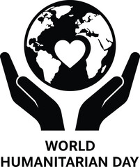 Obraz premium Black and white illustration of hands holding a globe with a heart on world humanitarian day