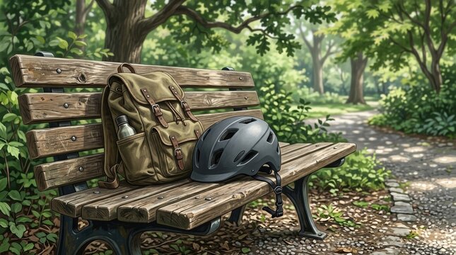 A bicycle helmet and backpack resting on a wooden park bench under soft natural daylight with gentle shadows and surrounding