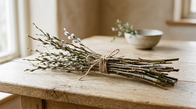 A loose bundle of willow twigs tied with natural string placed on a light textured surface with soft shadows and warm spring light