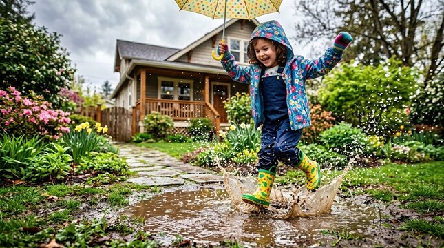 A child in rain boots jumping into a spring puddle while holding a small umbrella in a residential yard with fresh greenery,