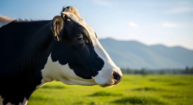 Holstein cow portrait in green pasture