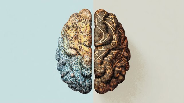 logic. Illustration of a human brain split into artistic and geometric halves, showcasing creativity and logic through warm and cool tones. wellbeing guides.

