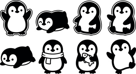 Obraz premium Black and white cartoon penguin characters in various poses vector art